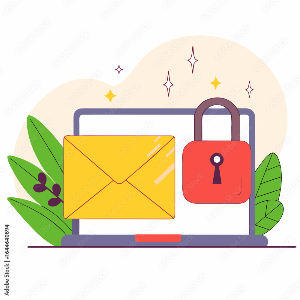 Poster digital illustration featuring a laptop with an open envelope and a padlock symbol, representing ema