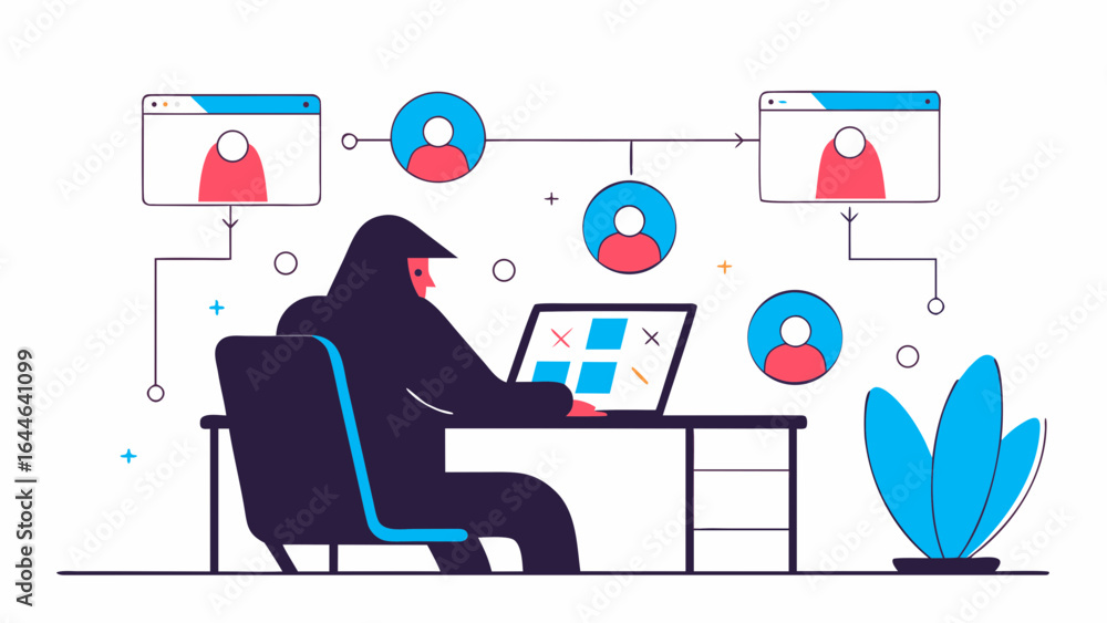 Poster digital illustration of a person in a hoodie working on a computer, surrounded by graphics of user i
