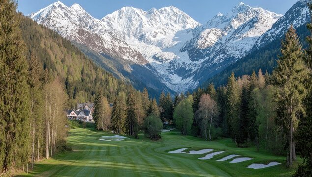Snowy mountain peaks frame a golf course nestled in a valley
