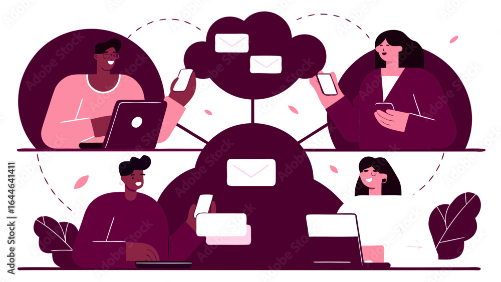 Poster illustration depicting digital communication with individuals using devices, exchanging messages in 