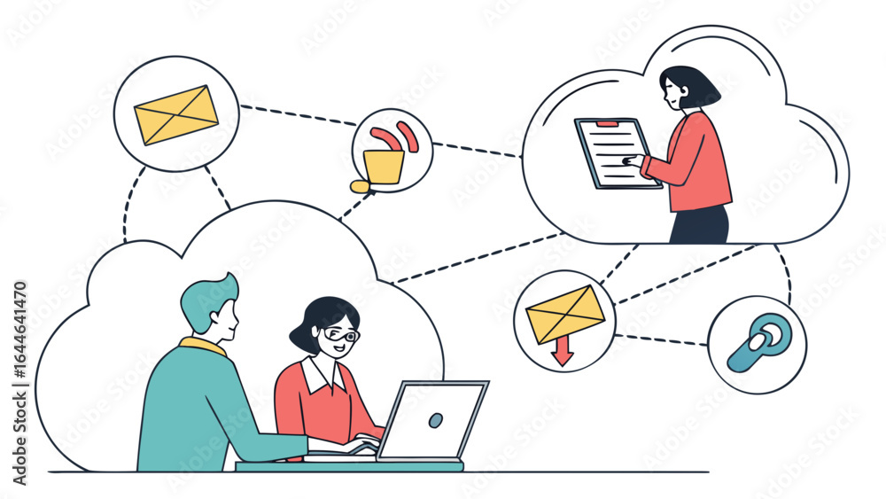 Poster illustration of a collaborative work environment with individuals communicating through digital devi