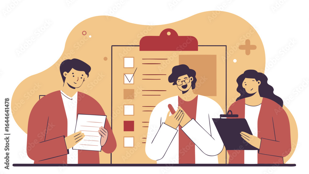 Aufkleber illustration of three professionals engaging in a collaborative discussion with documents and color 