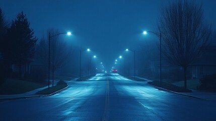Empty suburban street at night, shrouded in fog, lit by streetlights