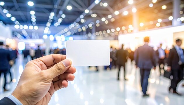 Hand Holding Blank Business Card at a Busy Trade Show - Networking Connection Opportunity - Close-up Mockup Ideal for Business Presentations