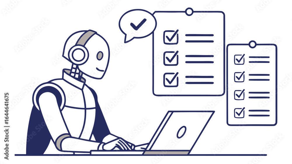 Poster illustration of a robot using a laptop with checklists, symbolizing technology and automation in mod