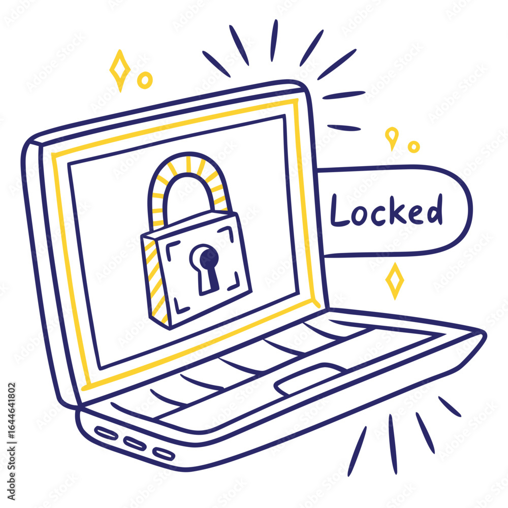 Poster digital illustration of a locked laptop representing data security with a padlock icon on the screen