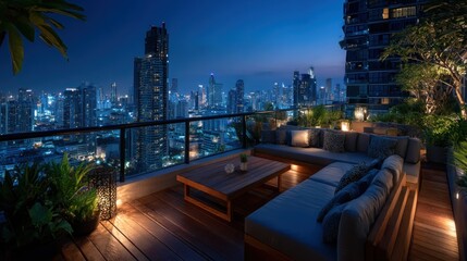 Luxurious urban rooftop lounge with cityscape at night offering breathtaking views