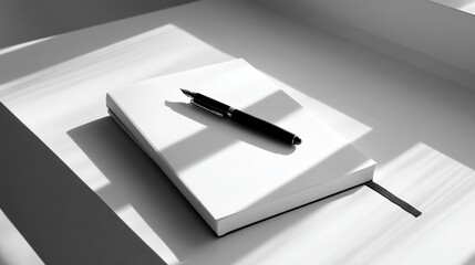 White minimalist desk with black pen and notebook, clean Scandinavian style home office space, soft shadows and simple composition.