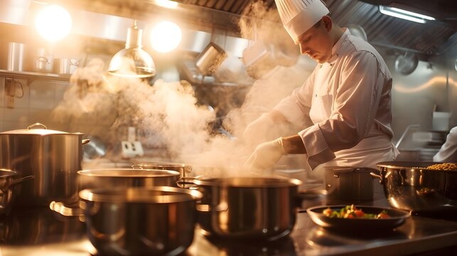 Chef decorating dessert plate with artistic precision in restaurant kitchen