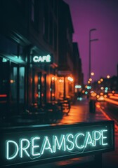 Neon Dreamscape Sign on Urban City Street at Night