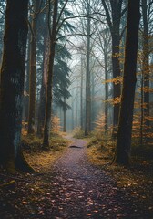 Serene Forest Path Through Misty Autumn Woods with Fallen Leaves