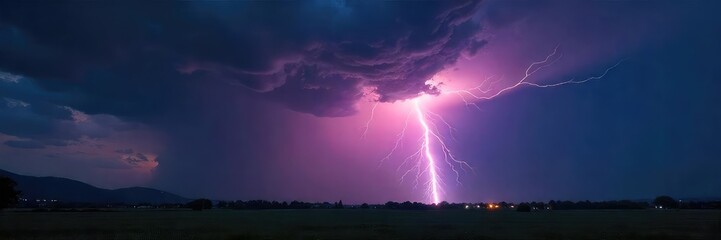 A dramatic, powerful lightning bolt striking a dark, stormy landscape The bright flash illuminates the clouds and ground with intense light , natural phenomenon, weather