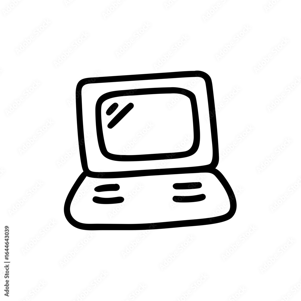 Poster illustration of a laptop computer with a simplistic design, including a screen and keyboard, represe