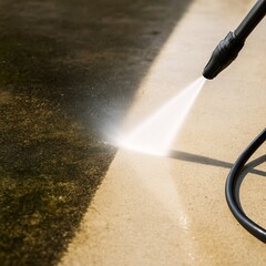 Pressure Washer Cleaning Dirty Concrete with High Contrast Before and After