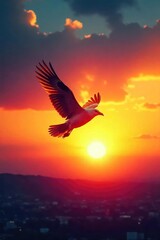 A lone bird in flight against a vibrant sunset, symbolizing liberation and the boundless spirit of freedom , tranquility, horizon