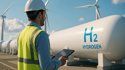 Green hydrogen industrial process monitored by engineer with tablet near storage tank and renewable energy sources for clean - Powered by Adobe