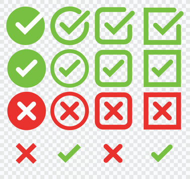 Set of chek marks. Green tick and red cross. YES or NO accept and decline symbol. Buttons for vote, election choice. Empty, square frame, circle and brush. Check mark OK and X icons.