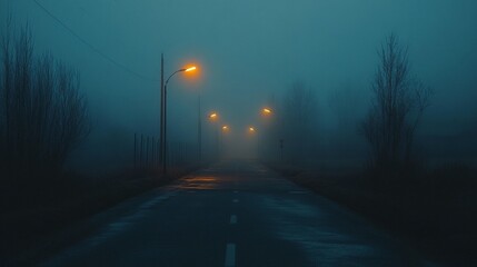Foggy road at night, lit by street lamps
