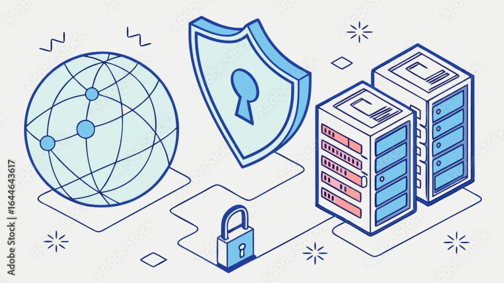 Poster cybersecurity network data protection with server and shield for data security and global connection