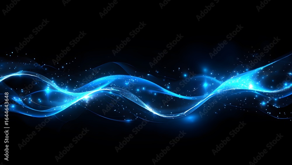 Poster abstract digital technology background with blue glowing lines and dots on a dark background, a futu