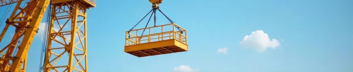 A sturdy, empty lift basket hangs from a crane, ready for a load Ideal for construction, industrial, and logistics imagery Shows detail of metal construction and hoisting mechanism , hoist, building