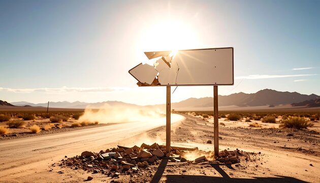 Rustic broken signpost in the middle of a barren desert highway