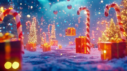 A surreal Christmas landscape with floating gift boxes magical golden snowfall glowing candy canes fantasy dreamlike setting vibrant colors K