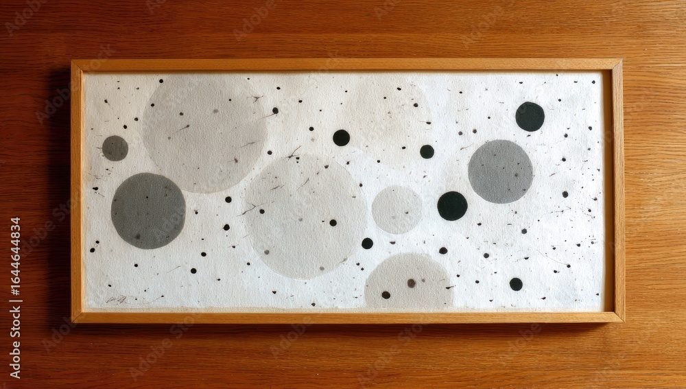 Poster rectangular framed artwork featuring a minimalist composition of various sized circles in grayscale 