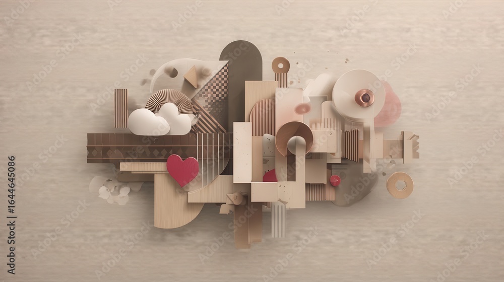 Poster abstract composition of geometric shapes and forms in muted tones.