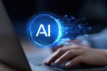 Hands typing on a laptop, with an AI graphic overlay