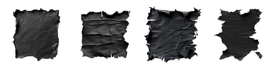 Set of black torn paper textures isolated on transparent background