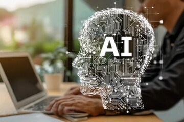 A person working on a laptop with an AI head graphic overlay