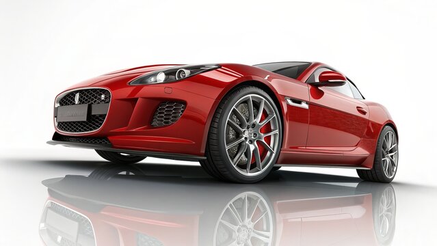 Red sport car isolated on white background in a studio shot, low angle view