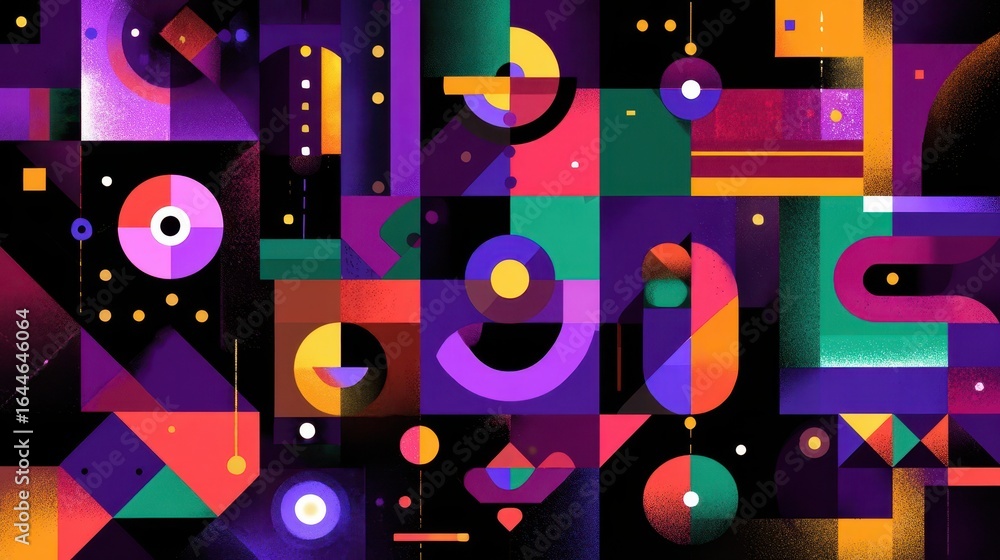 Poster vibrant geometric shapes and colors create a dynamic visual composition.