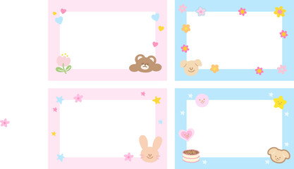 Pastel frame set with teddy bear, puppy, bunny, cake, flower, heart, butterfly for polaroid photo, rectangle ad template, social media post, banner, notepad, sticky note, memo, paper design, poster