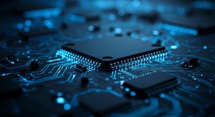 Close-up of a Blue Microchip on a Circuit Board, Illustrating Technology and Computing