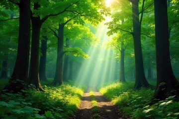 Lush green forest canopy, sunlight dappling through leaves, creating a magical atmosphere Perfect for nature, ecology, and environmental themes , natural, green, shadow