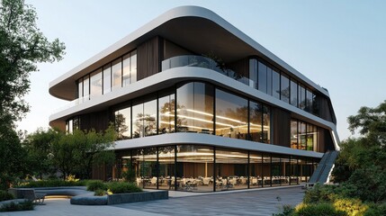 Fototapeta premium Sustainable office building design for energy efficiency urban setting