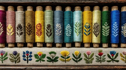 Colorful thread spools, embroidered with floral motifs, in a wooden box