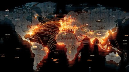 shot of a world map with glowing lines connecting major cities, representing global shipping routes. Small icons of ships, planes, and trucks illustrate the interconnected logistics network. 
