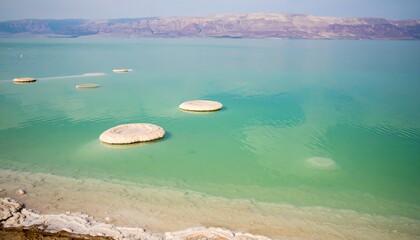 Calm turquoise water with several circular salt formations near a shoreline