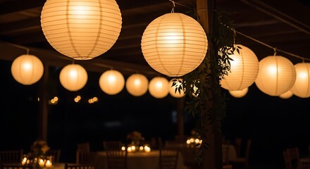 Paper lantern illumination casting warm glow on a softly lit evening scene ambiance
