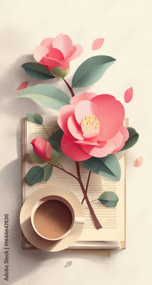 Poster paper-crafted camellias rest atop an open book and a cup of coffee, illuminated by soft light, creat