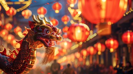 A vivid and energetic scene of a traditional Chinese dragon dance performers in red and gold costumes moving rhythmically under glowing red lanterns