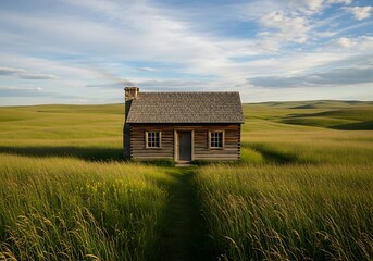 Secluded homestead nestled in rolling prairie grasses under a vast open sky expanse