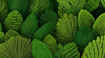 Vivid green tropical leaves background with intricate botanical texture pattern, lush foliage design for nature art, eco wallpaper, and decorative plant theme illustration.