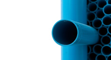 Detailed macro view of a blue plastic pipe connection with a bundle of smaller tubes for an industrial plumbing system