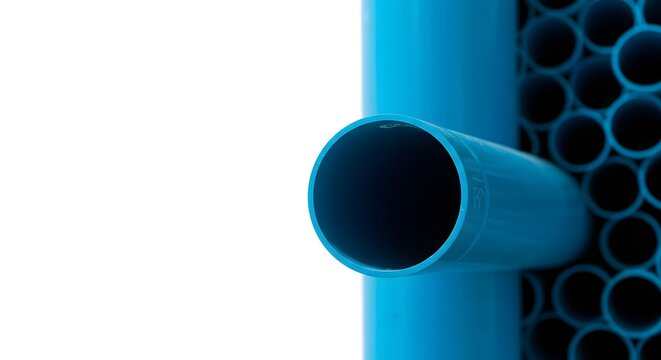 Detailed macro view of a blue plastic pipe connection with a bundle of smaller tubes for an industrial plumbing system