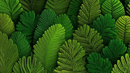 Vivid green tropical leaves background with intricate botanical texture pattern, lush foliage design for nature art, eco wallpaper, and decorative plant theme illustration.