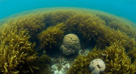 Underwater vista showcasing brain coral and dense aquatic plant life in tranquil turquoise depths